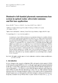 Diminutive left-handed plasmonic nanoantenna-lens system in optical realm: ultraviolet emission and flat lens application