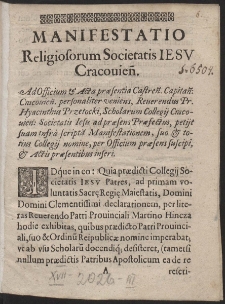 Manifestatio Religiosorum Societatis Jesu Cracouiensis Ad Officium & Acta præsentia Castrensis Capitaneatus Cracoviensis [...]