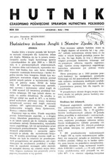 Hutnik : czasopismo poświęcone sprawom hutnictwa polskiego. R. 13, maj 1946, Zeszyt 5