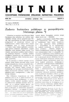 Hutnik : czasopismo poświęcone sprawom hutnictwa polskiego. R. 13, listopad 1946, Zeszyt 11