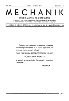 Mechanik : miesięcznik techniczny, Rok XX, Lipiec-Sierpień 1947, Zeszyt 7-8