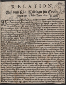 Relation, Aus dem. K&ouml;n. Feldlager f&uuml;r Copenhagen den 15 Febr. Anno 1659
