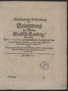 Umbständliche Beschreibung Der Belagerung der Stadt Reussisch-Lemberg, Wie selbige Den 23. Septemb. von den Cosacken, Tartarn und Türcken angefangen, und den 4. Octob. nach vorher verglichener Rantzion, wieder auffgehoben worden [...]