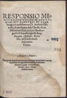 Responsio Ministrorm Ecclesiae Christi, Quae Est Hamburgi Et Luneburgi, ad confessionem D. Andreæ Osiandri, [...]