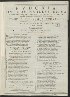 Eudoxia, Sive Nomina Illustris Magnificorumque DD. Nicolai Volscii, De Podayce, [...]