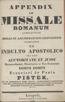 Appendix Ad Missale Romanum Complectens Missas In Archidiaecesi Leopoliensi Celebrandas [...]