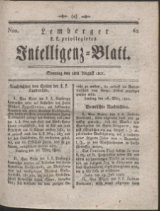 Lemberg Kaiserlich-Königliches Intelligenz-Blatt. R. 1801 Nr 62