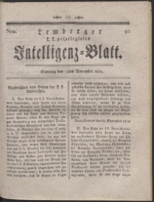 Lemberg Kaiserlich-Königliches Intelligenz-Blatt. R. 1801 Nr 92