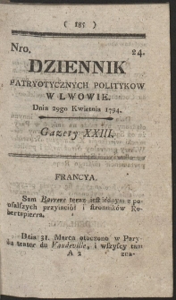 Dziennik Patryotycznych Politykow w Lwowie. R. 1794 Nr 24