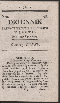 Dziennik Patryotycznych Politykow w Lwowie. R. 1794 Nr 92