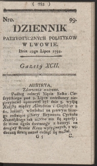 Dziennik Patryotycznych Politykow w Lwowie. R. 1794 Nr 99