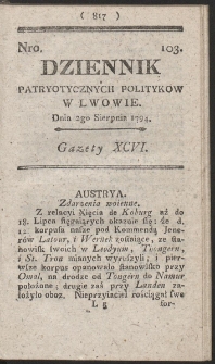 Dziennik Patryotycznych Politykow w Lwowie. R. 1794 Nr 103