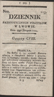 Dziennik Patryotycznych Politykow w Lwowie. R. 1794 Nr 115