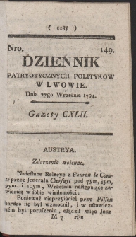 Dziennik Patryotycznych Politykow w Lwowie. R. 1794 Nr 149