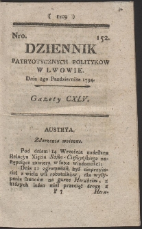 Dziennik Patryotycznych Politykow w Lwowie. R. 1794 Nr 152