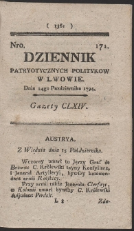 Dziennik Patryotycznych Politykow w Lwowie. R. 1794 Nr 171