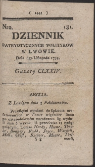 Dziennik Patryotycznych Politykow w Lwowie. R. 1794 Nr 181