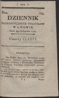 Dziennik Patryotycznych Politykow w Lwowie. R. 1794 Nr 183