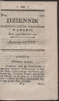 Dziennik Patryotycznych Politykow w Lwowie. R. 1794 Nr 187