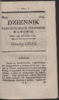 Dziennik Patryotycznych Politykow w Lwowie. R. 1794 Nr 203