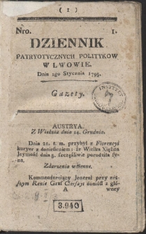 Dziennik Patryotycznych Politykow w Lwowie. R. 1795 Nr 1