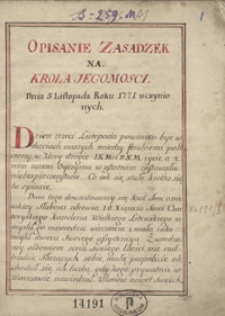 Opisanie zasadzek na Króla Jegomości [Stanisława Augusta Poniatowskiego] dnia 3 listopada roku 1771 uczynionych