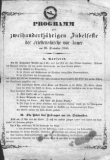 Programm zum zweihundertjährigen Jubelfeste der Friedenskirche von Jauer am 26. September 1855 / das Evangelisch-Lutherische Kirchen-Kollegium