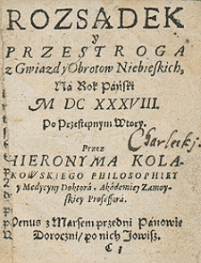 Rozsądek i przestroga z gwiazd i obrotów niebieskich na rok 1638 Przez Hieronyma Kołakowskiego