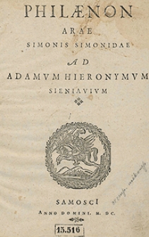 Philaenon Arae Simonis Simonidae Ad Adamum Hieronymum Sieniavium