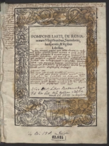 Pomponii Laeti, De Romanorum Magistratibus, Sacerdotiis, Iurisperitis, et legibus Libellus