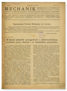 Mechanik : miesięcznik ilustrowany poświęcony sprawom techniki : organ Stowarzyszenia Mechaników Polskich z Ameryki, Rok IV, maj 1922, Zeszyt V