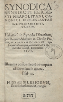 Synodica Benedicti Herbesti [...] Oratio, Habita est in Synodo Dioecesana per [...] Adamum Konarski Episcopum Posnaniensem convocata [...]