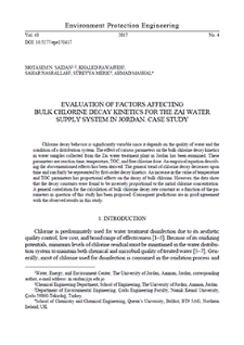 Evaluation of factors affecting bulk chlorine decay kinetics for the Zai water supply system in Jordan. Case study