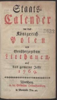 Staats-Calender Vor Das K&ouml;nigreich Polen Und Gross-Herzogtum Littauen auf das Jahr 1769