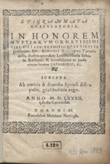 Epigrammata Gratulatoria In Honorem Nuptiarum […] Simonis Seidleri […] et Catharinae […] Scripta […]
